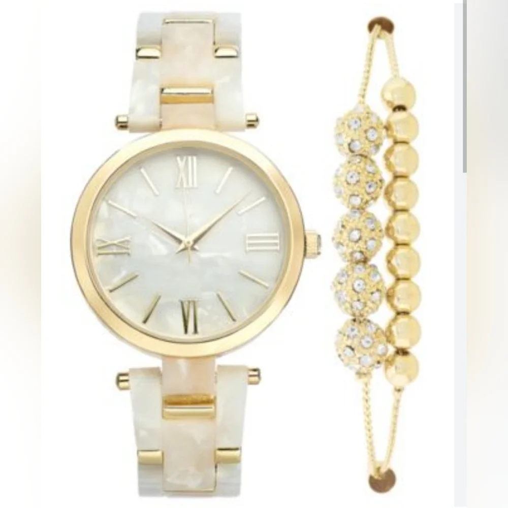 INC Gold Tone Mother of Pearl Watch and Bracelet Set
